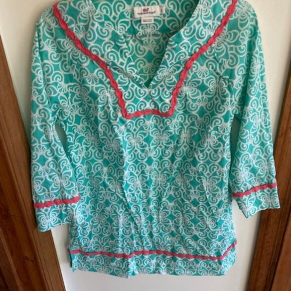 VINEYARD VINES Tunic Dress Geo Torquoise Print Coral Trim V Neck Long Sleeve S - Picture 7 of 17
